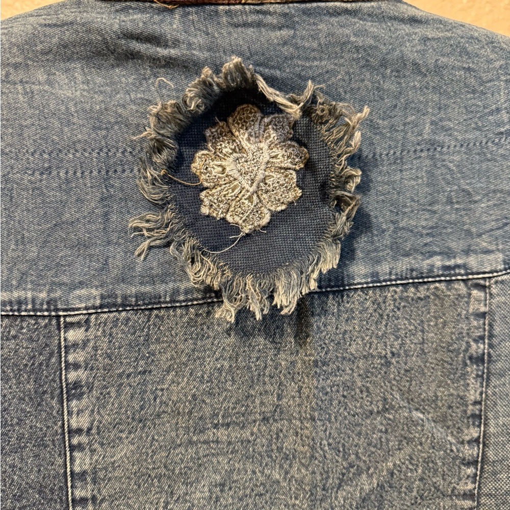 Denim Patchwork ruffle Jacket with Floral Accents… - image 9
